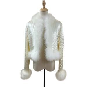 Vintage Cream Satin, Faux Fur Trimmed Lisette Jacket, Small (see measurements)
